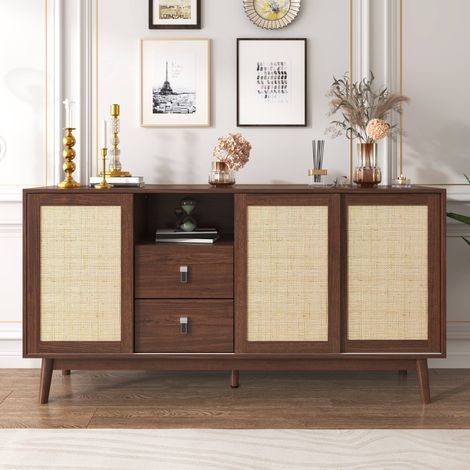 Buffet enfilade 155 x 38 x 80 cm, 3 portes coulissantes en rotin naturel, 2 tiroirs, pieds bois massif, salon, bois foncé (1/5)