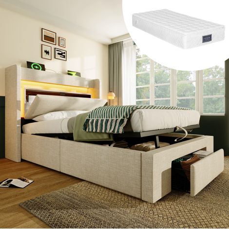 Cama dormitorio con LED y USB beige 90x200 HAVRYA (1/5)