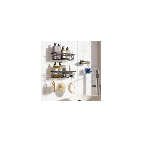 (Noir) Etagere Salle de Bain avec Porte Savon, 3PCS,Etagere Douche sans Percage, Accessoire Salle de Bain Antirouille, Rangement Douch avec Crochets, Essentiels pour la Salle Bain, Cuisine