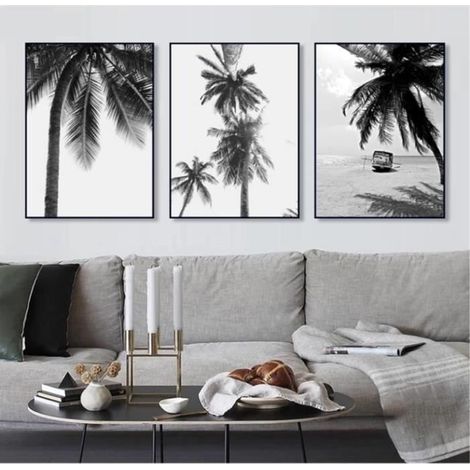 Lot de 3 posters - Palmiers - Noir et blanc - Paysage de plage - Photos murales sans cadre Décoration - 40x50cm (1/4)