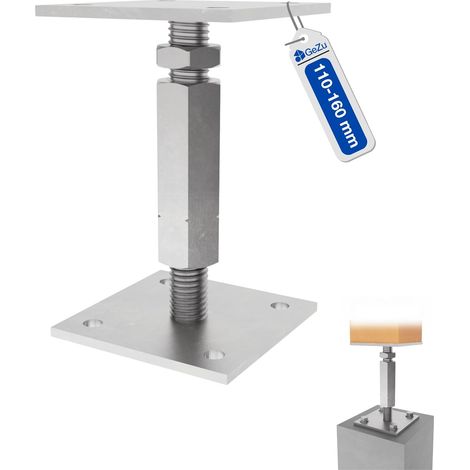 Pied de poteau carré réglable galvanoplastie 100 x 100 mm – hauteur ajustable 120 à 160 mm avec platine bois pour clôtures – GeZu Impex (1/5)