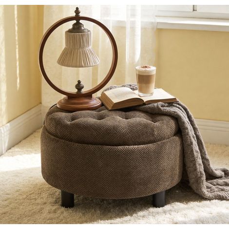 Round Storage Ottoman with Tray, Boucle Upholstered Footstool with Removable Lid, Circle Coffee Table for Living Room Bedroom, Coffee (1/5)