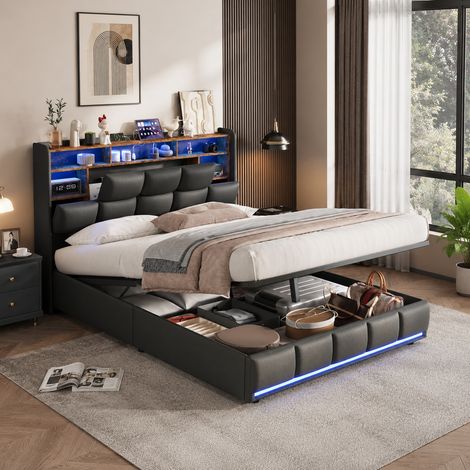 Lit coffre 140×190 cm,lumière LED,lit capitonné avec port USB,tête de lit coffre,lit double,rangement hydraulique,cadre de lit 140×190,style moderne,sommier à lattes,lit adulte,lit ado,PU,Noir (1/5)