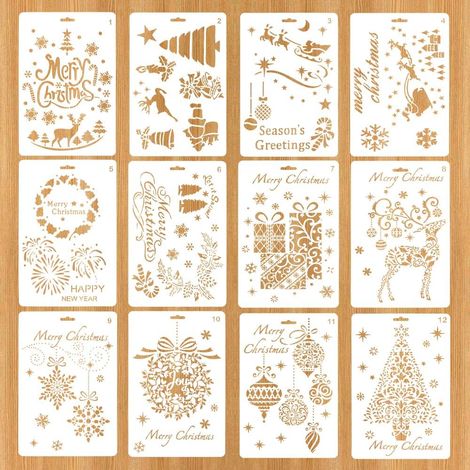 12 Pièces Pochoirs de Dessin Noël,Pochoir de Dessin Art,Pochoirs de Peinture Réutilisable,Pour les cadeaux de Noël,Modèles pour les fêtes - 12 (1/5)