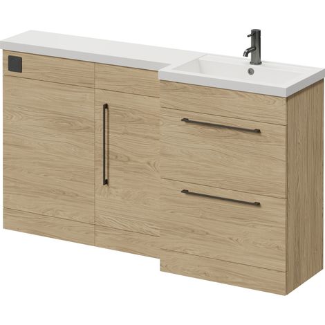 Napoli 390 Light Oak 1500mm 2 Drawer Vanity Unit Toilet Suite with Right Hand Square Lucia Basin - 1500mm - Gunmetal Grey 320mm HandleWithout Kingston Toilet Pan