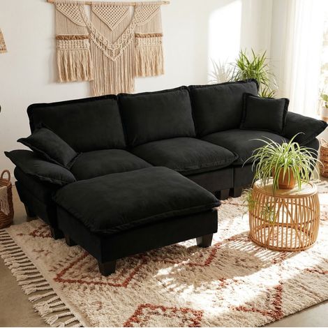 Modulares Ecksofa 263x151x90 cm Schwarz Chenille mit beweglicher Ottomane und 2 Kissen (1/5)