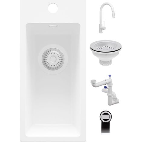 PRIMAGRAN Evier Cuisine en Granit 23x50cm,Lavabo 1 Bac + Robinet 40x20cm + Kit de Vidage, Évier à Encastrer au Meuble 25cm - Riga, Tout Blanc (1/5)
