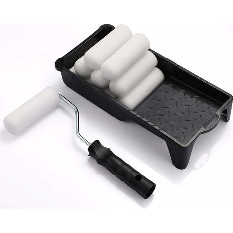 Rodillo de pintura de espuma, soporte para rodillo con tapa para minirodillo de pintura de 4 pulgadas, recambio con extremo recubierto de espuma, kit de bandeja de pintura de espuma de alta densidad (1/5)