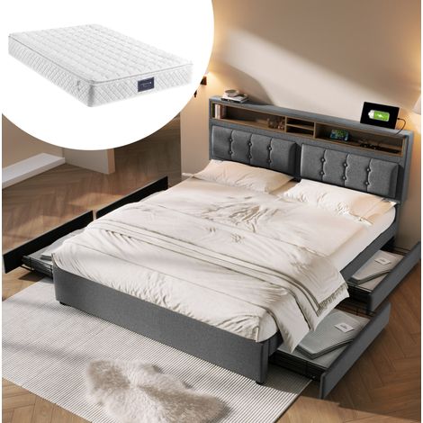 Cama tapizada 140x200 cm gris con colchón, 4 cajones, cabecero regulable y USB/Type-C (1/5)