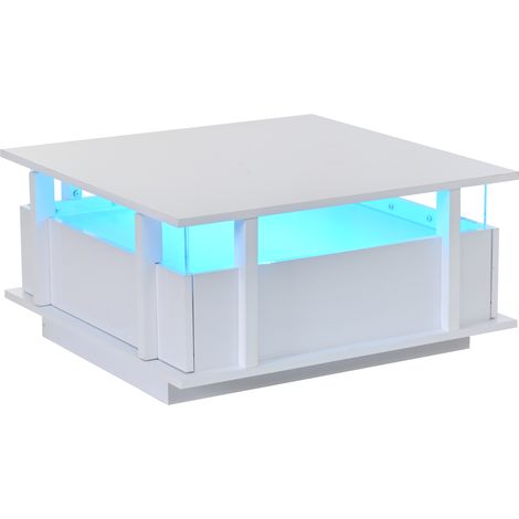 GagaTable basse haute brillance 70x70x35 cm avec 2 tiroirs, éclairage LED et séparateur en acrylique, blanc (1/5)