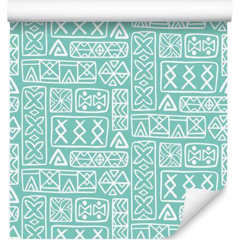 Carta da parati con motivo geometrico polinesiano, tonalità menta e mare, 50x1000 cm (1/5)