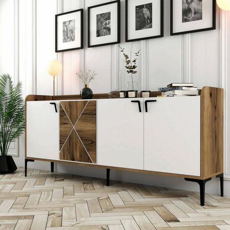 Console Buffet de Salon, Meuble Bas pour TV, Socle Mural équipé, 180x35 h78 cm, Noyer et Blanc (1/5)