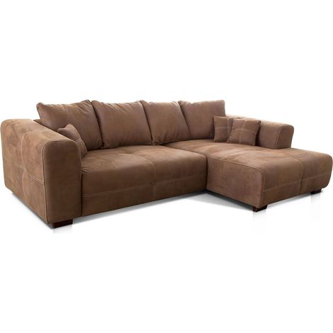 Canapé d'angle XXL INCL. Coussin de Dos et Coussin décoratif/Fauteuil Droit/Style Industriel / 285 x 69 x 170 (LxHxP) / Microfibre Brun Clair (1/5)