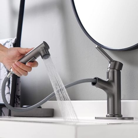 Robinet d'évier de salle de bain avec pommeau pulvérisateur extensible - Mitigeur de lavabo à une poignée - Rabattable - Cascade - Bec rotatif - Assemblage de vidage généralisé - Gris (1/5)