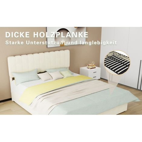 Doppelbett 160 × 200 cm aus beigem Plüschstoff mit hohem Kopfteil und Matratze – MEUBLIV (1/5)