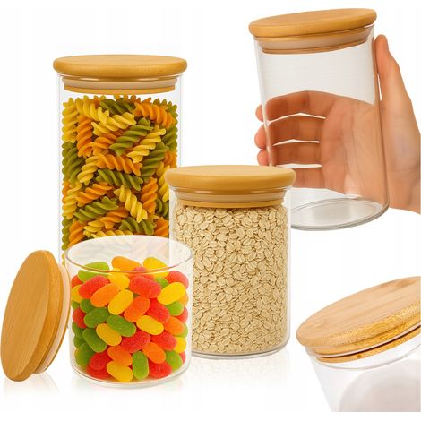 Juego de tarros con tapa de madera: 1 x 390 ml, 1 x 420 ml, 1 x 720 ml, 1 x 1000 ml