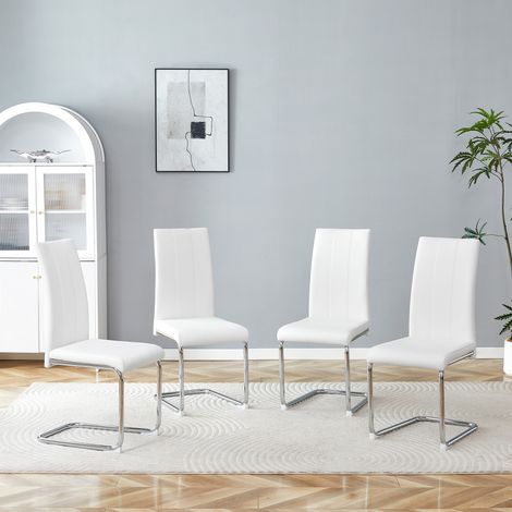 Lot de 4 chaises salle à manger blanches en polyuréthane – modernes, haut dossier, pieds tubulaires fer chromé – cuisine, salon, intérieur (1/4)