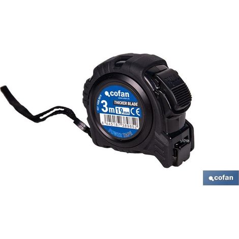 Mètre ruban double face lame noire avec bouton de verrouillage et étui anti-choc 5m x 19mm en ABS et métal