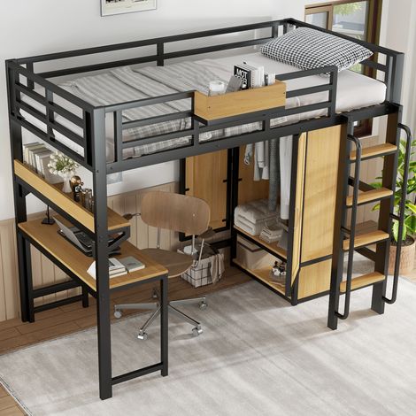 Letto rialzato bambini 90x200 cm con scrivania, ripiani e rete a doghe, nero e naturale, materasso non incluso (1/5)