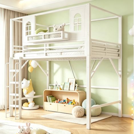 Cama alta infantil 90x200 cm de metal blanco con estante, sin colchón – MEUBLIV (1/5)