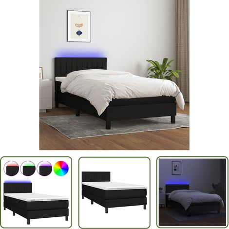 The Living Store Sommier à lattes de lit avec matelas et LED Noir 90x200cm Tissu - Sommier Tapissier - Lit Avec Led - Matelas À Ressorts Ensachés - Tête De Lit Ajustable - Éclairage LED (1/5)
