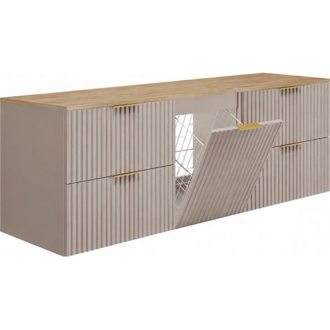 Meuble sous vasque suspendu avec panier à linge, cachemire / plan chêne clair, poignées noires, 160 x 46 x 57 cm (1/5)