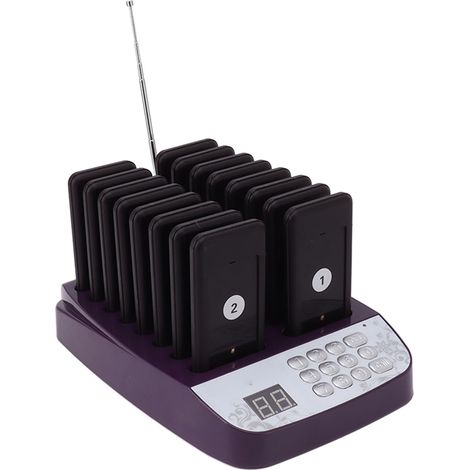 Bips sans fil pour restaurants et hôtels, portée de 200 m, 16 bips vibrants avec signal lumineux, alimentation 100-240 V, batterie incluse, prise européenne. (1/5)