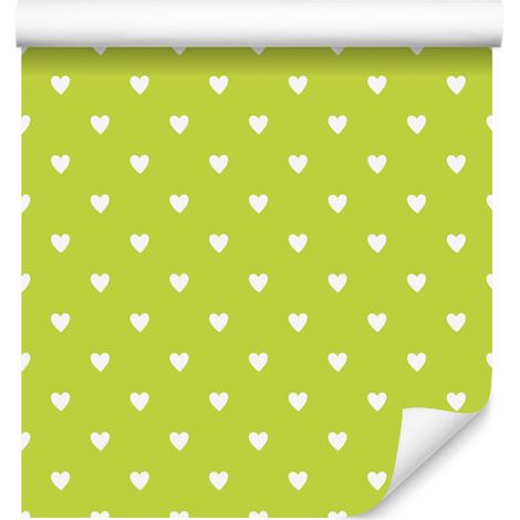 Carta da parati con cuori, verde lime e crema, 50x1000 cm (1/5)