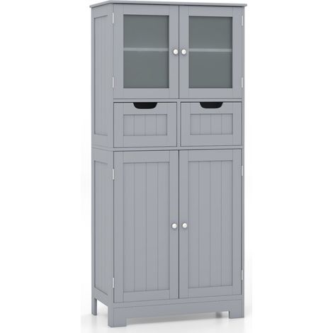 COSTWAY Bathroom Storage Cabinet Tall Freestanding Floor Wood Cabinet Storage Grey (1/5)
