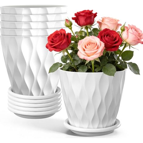 6 Pcs Pots de Fleurs en Plastique,Pot Plante Interieur (Blanc) Cache-Pot et Soucoupe,avec Trou d'échappement,de Balcon Intérieurs et Extérieurs (1/5)