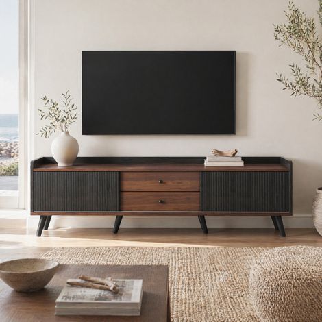 Meuble TV 160 x 40 x 58 cm avec portes coulissantes et 2 tiroirs, noir et bois HAVRYA (1/5)