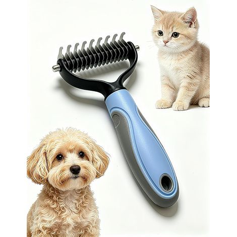Brosse Anti-Poils et Carde pour Chien - Double Face 9/17 Dents - Dents Arrondies Respectueuses de la Peau - Poignée Ergonomique Antidérapante - Bleu (1/5)