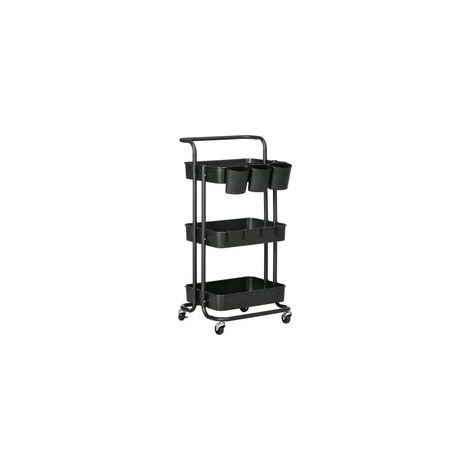 Servierwagen mit 3 Etagen, 4 Haken und 3 abnehmbaren Hängeboxen, 42 x 38 x 86,5 cm, schwarz