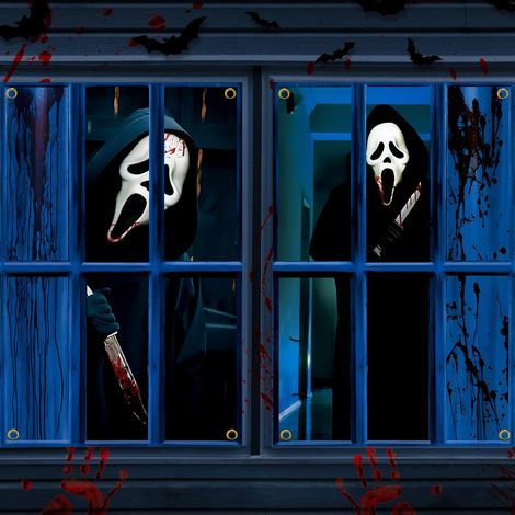Décorations d'Halloween pour fenêtres : rideaux, guirlandes, ensemble deux pièces, fanions pour une fête d'Halloween sur le thème d'une maison hantée en extérieur - 80 x 120 cm (deux pièces) - NG-5