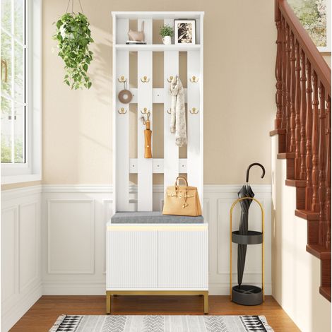 Banco recibidor con zapatero de 2 puertas, perchero de 8 ganchos dobles, asiento acolchado, estante ajustable y luz LED, blanco mate, 60 × 35,5 × 191,5 cm FLORAGRACE (1/5)