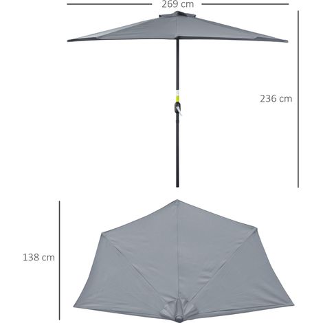 Demi-parasol 2,7x1,4m gris, balcon manivelle 5 entretoises (1/5)