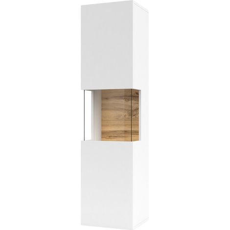 Estantería Revmiru 100, Blanco + Roble wotan, Con puertas, Cerrable, Vidrio templado, Aglomerado laminado, Número de puertas: 1, Número de cajones: 0, 140x36x30cm