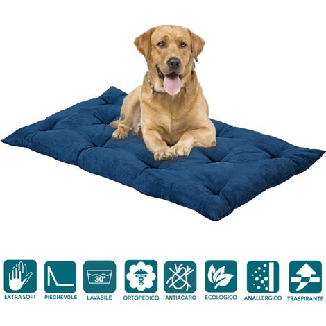 EVERGREENWEB - Letto per Cani 65x85 alto 8 cm Lavabile Materasso Multiuso per Animali Domestici Cuscino Ortopedico in Waterfoam Cuccia Tappeto Sofa Imbottitura 100% Fiocco effetto Piuma tessuto Blu (1/5)