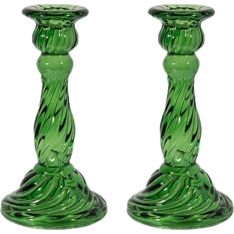 Ensemble de 2 bougeoirs en verre vert, porte-bougies coniques, centre de table (1/5)