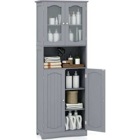 Tempered Glass Door Pantry Cabinet with 3-Position Adjustable Shelves-Grey (1/5)