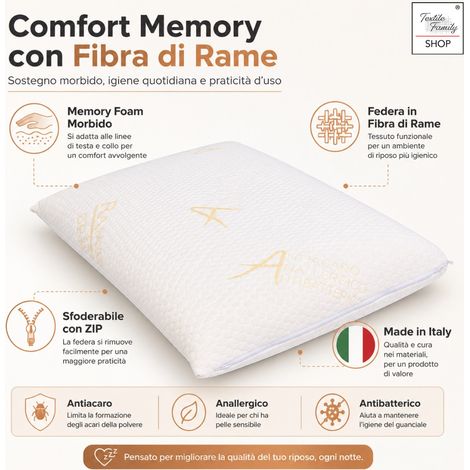 Tex Family Ramotto Memory Copper Fiber Cushion 50x80, amovible, anti-acarien, fabriqué en Italie (1/5)