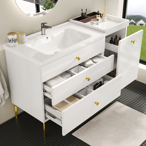 Meuble salle de bain blanc doré vasque céramique tiroirs placard moderne 120x45x60cm