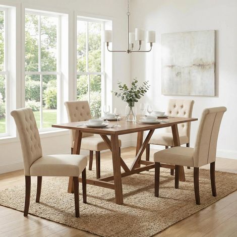 Lot de 4 chaises de salle à manger style Chesterfield, tissu lin beige, pieds bois massif (1/5)