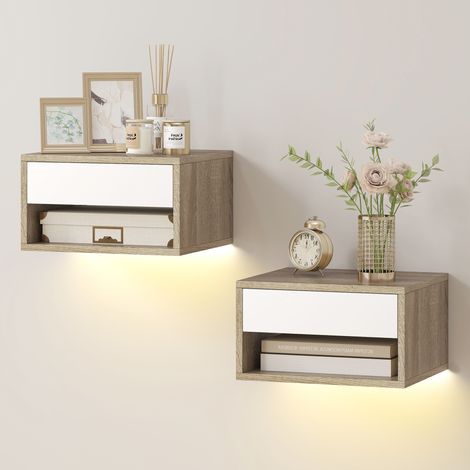 Lot de 2 tables de chevet suspendues avec éclairage LED RGB contrôle par application, étagère, tiroir, 37x32x21cm, teck (1/5)