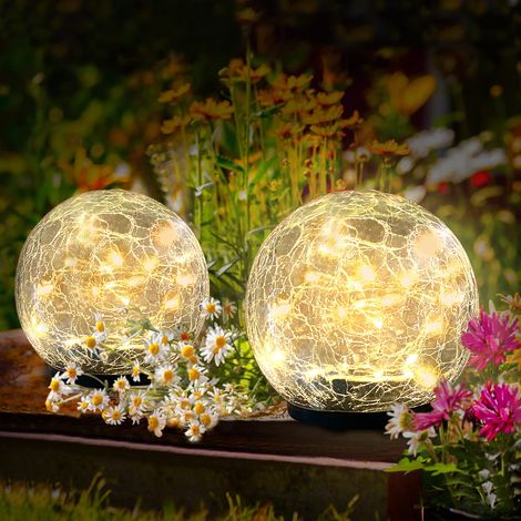 Lampes solaire d'extérieur étanches - Boules de verre craquelées pour jardin - Orbes solaires extérieurs - Décoration pour terrasse, cour, pelouse, arrière-cour