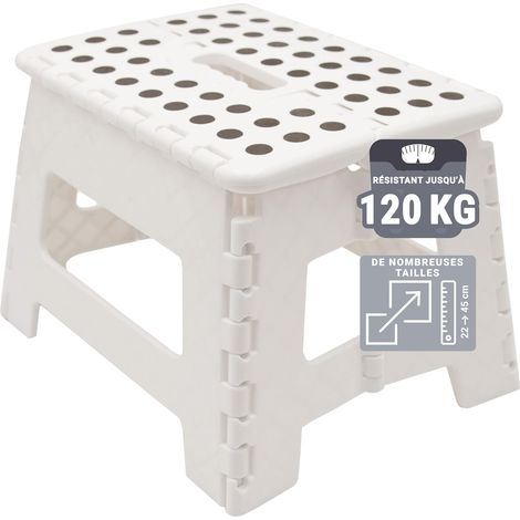 Taburete plegable - Taburete plegable para niños y adultos de hasta 120 kg - Revestimiento antideslizante - Asa de transporte - Ultraligero - Altura 22 cm - Plástico - Blanco (1/5)