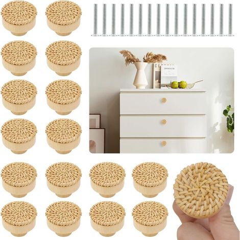 Set di sedici pomelli rotondi in legno stile rattan per cassetti e armadi, adatti a mobili e contenitori in stile bohémien. - Crezuo