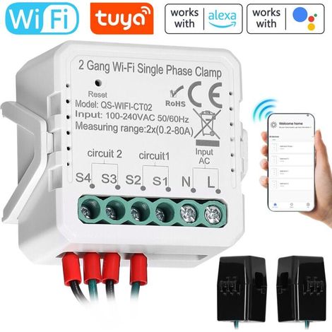 Tuya WiFi 2 Gang 80A Pince monophasée PV solaire Compteur d'énergie bidirectionnel à deux voies Contrôle par application mobile Transformateur de courant Programmation Minuterie Appareil domotique TRI (1/5)