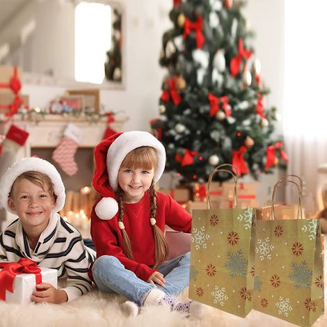 Sac Cadeau Kraft Noël - Motifs Flocon Arbre Ornements - Papier Épais 120 g/m² - Poignées Renforcées - Lot de 24 (1/5)