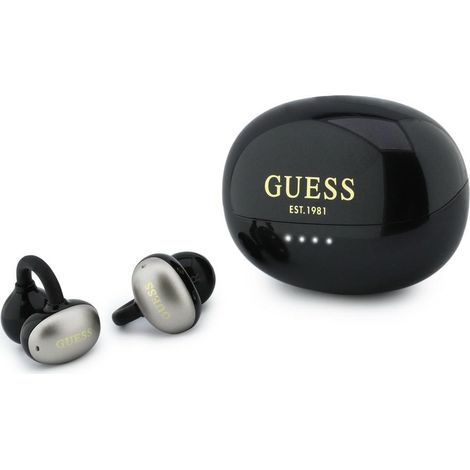 Auriculares OWS Guess con acabado metálico, piezas galvanizadas y logotipo clásico, color negro.